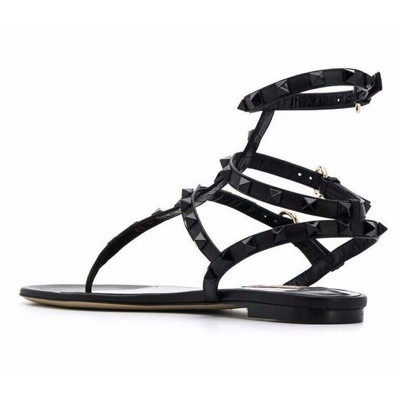 Valentino Rockstud So Black Leather Triple Ankle Strap Gladiator Flat Sandal 35 - Picture 8 of 12